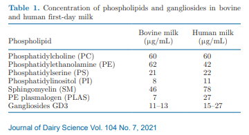 Relatively similar PL content in bovine and human milk, except for plasmalogens