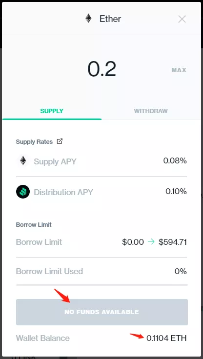通过调用链上数据，Compound可以获得用户的钱包资产情况以验证存入行为是否可执行
图片来源：https://app.compound.finance/