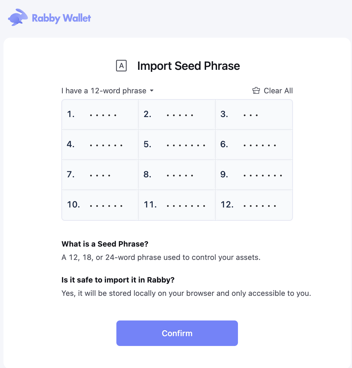 💡Clicking on the 🔽 button will open a dropdown to select the number of words that compose your seed phrase