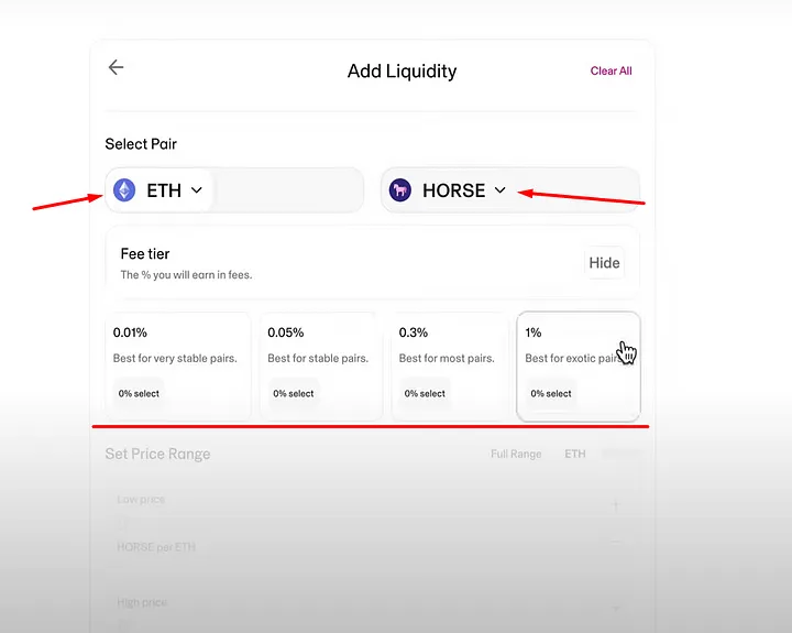 Select ETH in the first slot and HORSE in the second, choose any percentage.