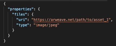 The object structure only allows for one asset. It provides a URI and other relevant metadata, such as type.