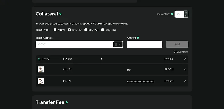 wNFT with collateral in 2 NFT keys and ERC-20 token NIFTSY