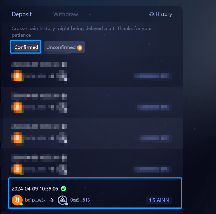 1. The Confirmed tab shows all successful cross-chain transfers. 2. The small loading icon beside the AILayer logo indicates that its in the process of being deposited into the staking pool. This icon will change into a checkmark icon once the assets have been deposited successfully. 3. You will then be able to view the recently deposited assets entering the team's staking pool.