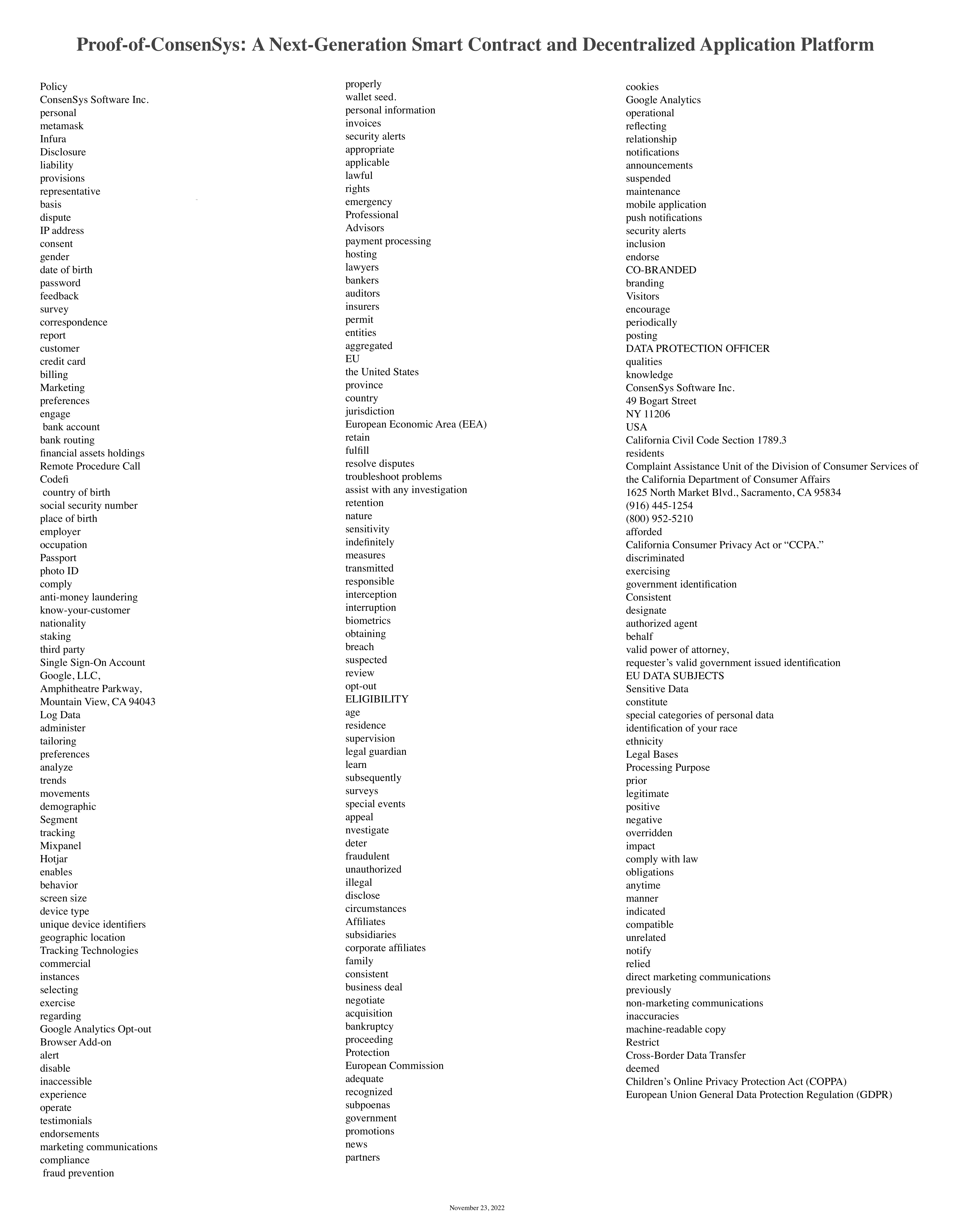 A list of words from ConsenSys Privacy Policy, but missing in Ethereum whitepaper