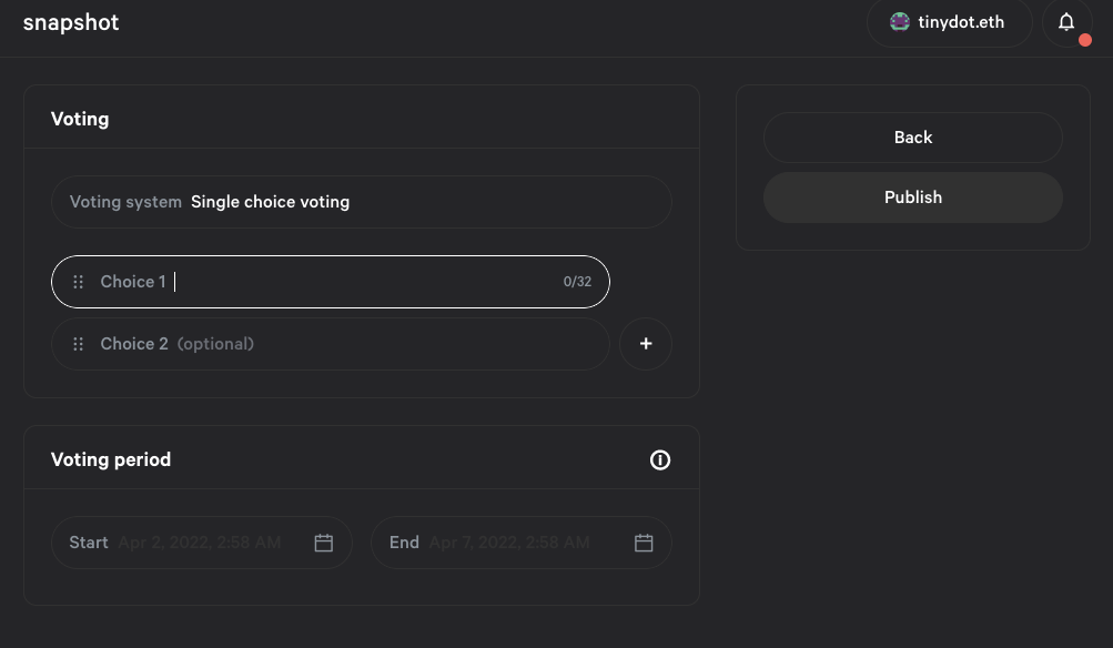 Configure the type of voting process, voting choices, and voting duration.