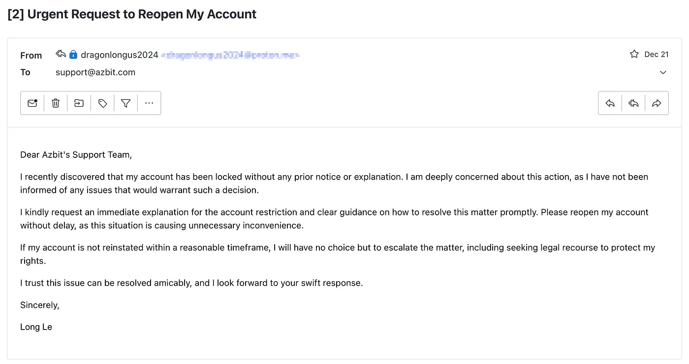 1st email sent to support@azbit.com