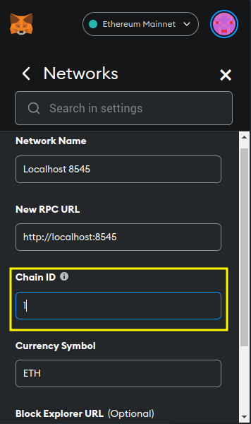 Mude o valor do "Chain ID" para 1.