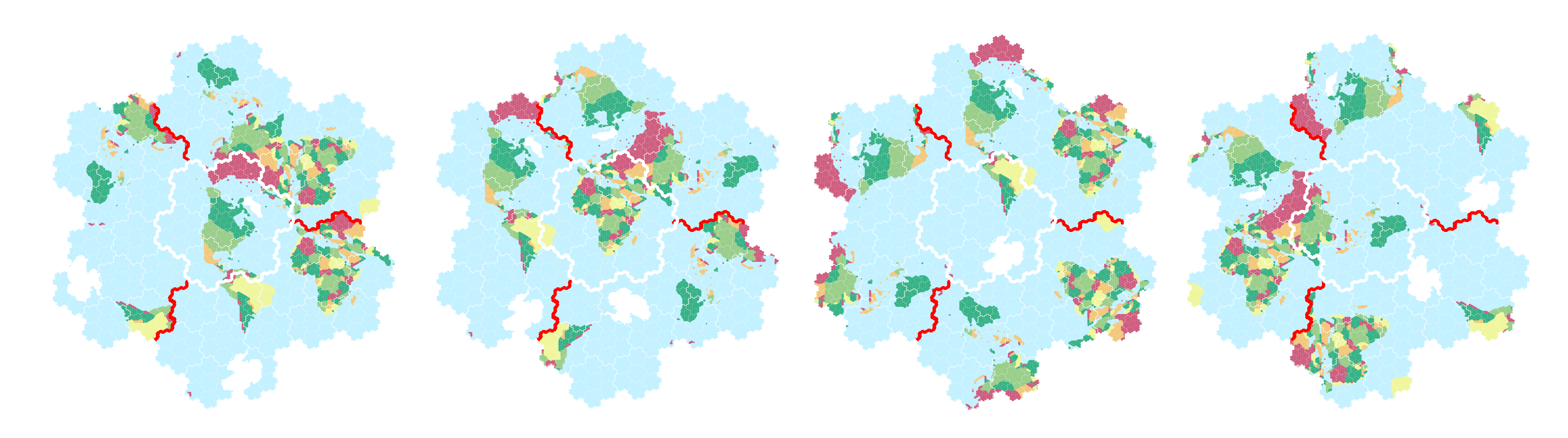 Different arrangements of the 4 basic tiles. Each tile connects to the same neighbor twice in a different manner.