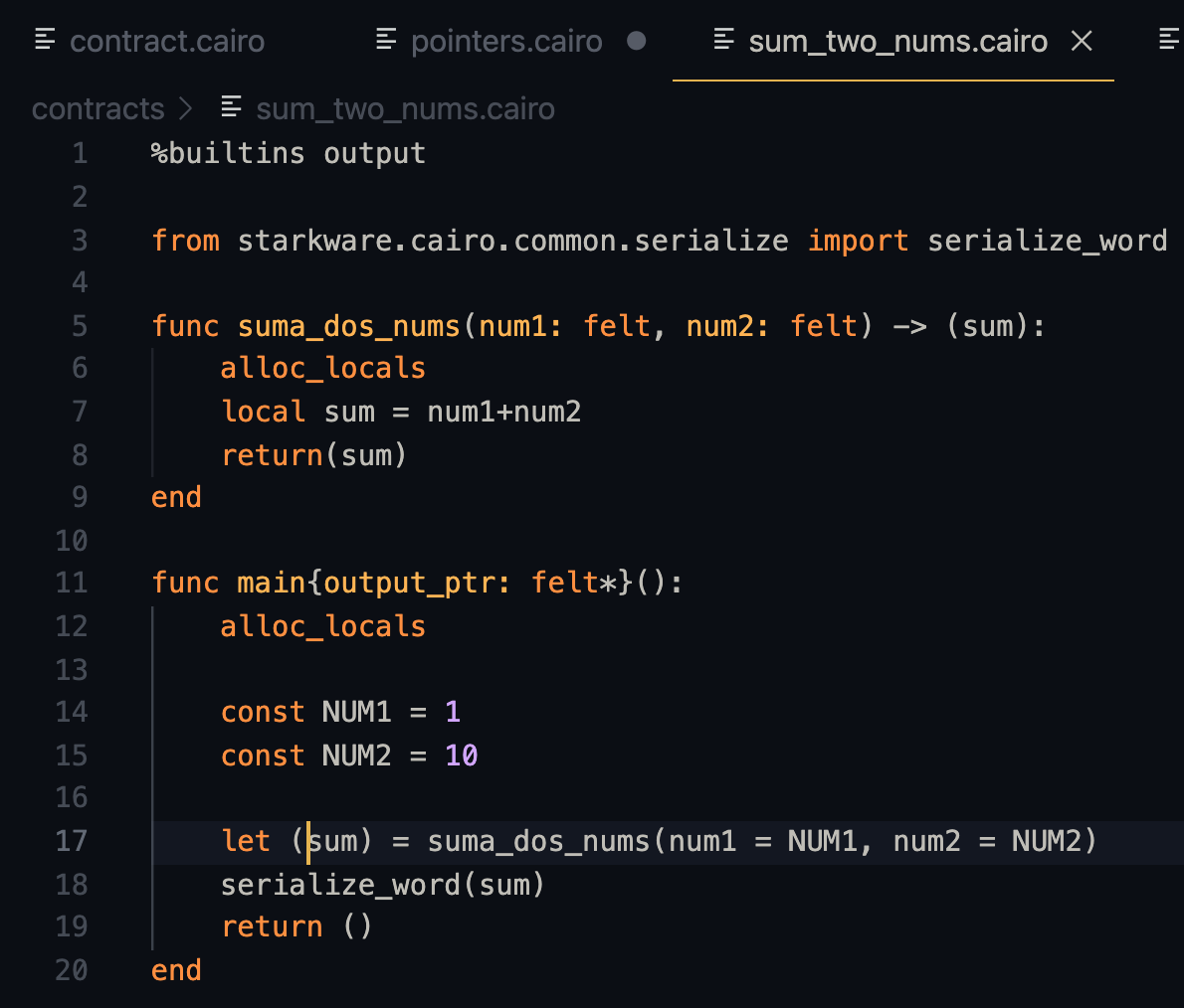 Código .cairo en VSCode.