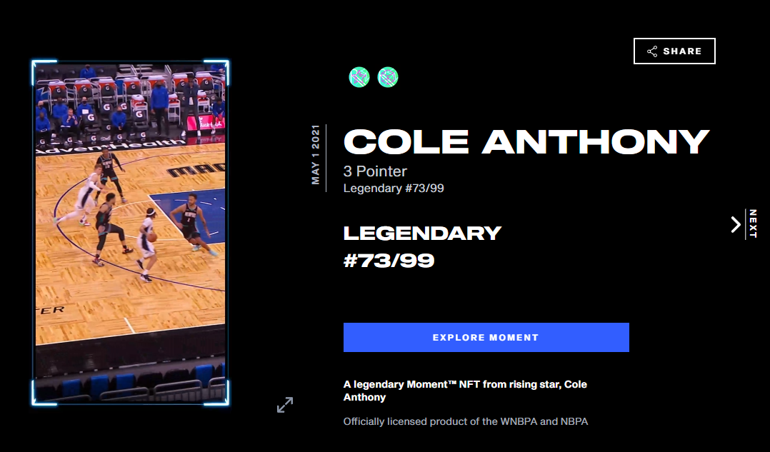 NBA TOP SHOT官网页面上展示的数字球星卡，来源：https://nbatopshot.com/