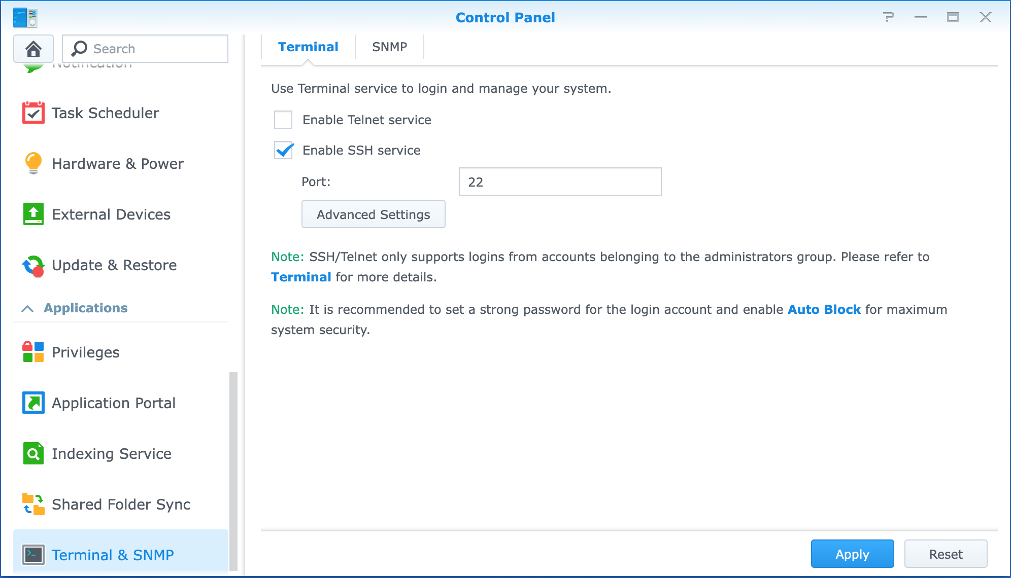 Activating SSH on the NAS