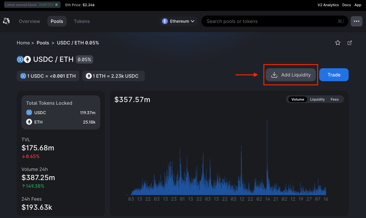 Once you select a pool, you will see a dashboard with the important metadata about that pool. Select the "Add Liquidity" icon to begin adding liquidity.