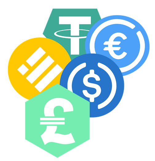 Common stablecoins from left→ right, top → bottom: Tether (USDT), Euro Coin (EUROC), Binance USD (BUSD), USD Coin (USDC), Pound Stablecoin (GBP).