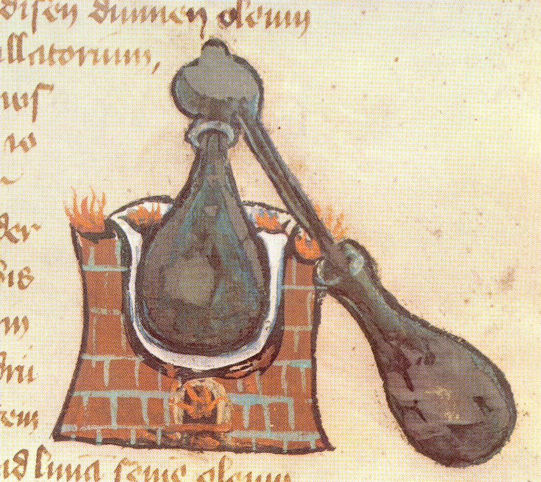 The design of a traditional alchemical retort. Which from it is the origin of the process of separation of materials through distillation.