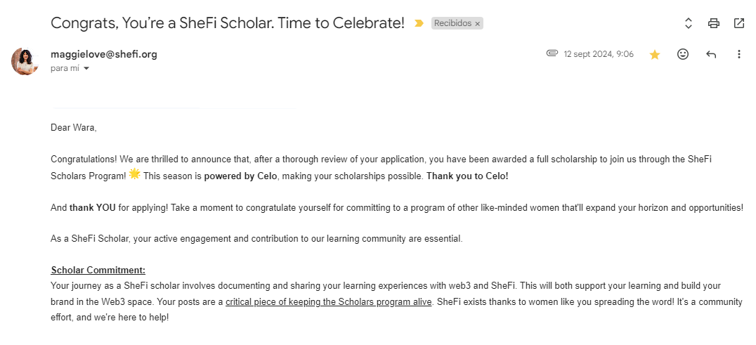 Capture of the acceptance email to the SheFi program.