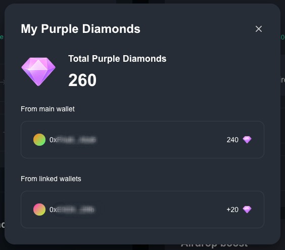 Total Purple Diamonds breakdown on Main wallet account