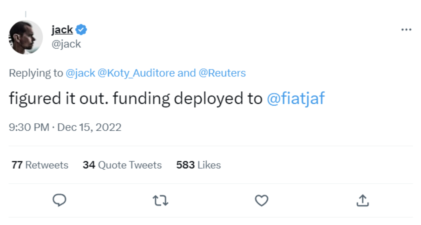 Source: https://twitter.com/jack/status/1603381913485541376?s=20&t=RM9WhRnfIKsqclne5PVtug