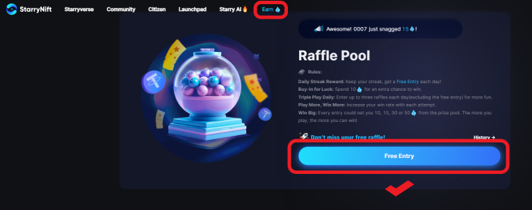 Günde 4 kere çekilişe katılarak şansınızı deneyebilirsiniz. İlk çekilş ücretsiz diğerleri 10 diamond xp karşılında opbnb ağından cüzzi bir fee ödenerek katılınabilir.