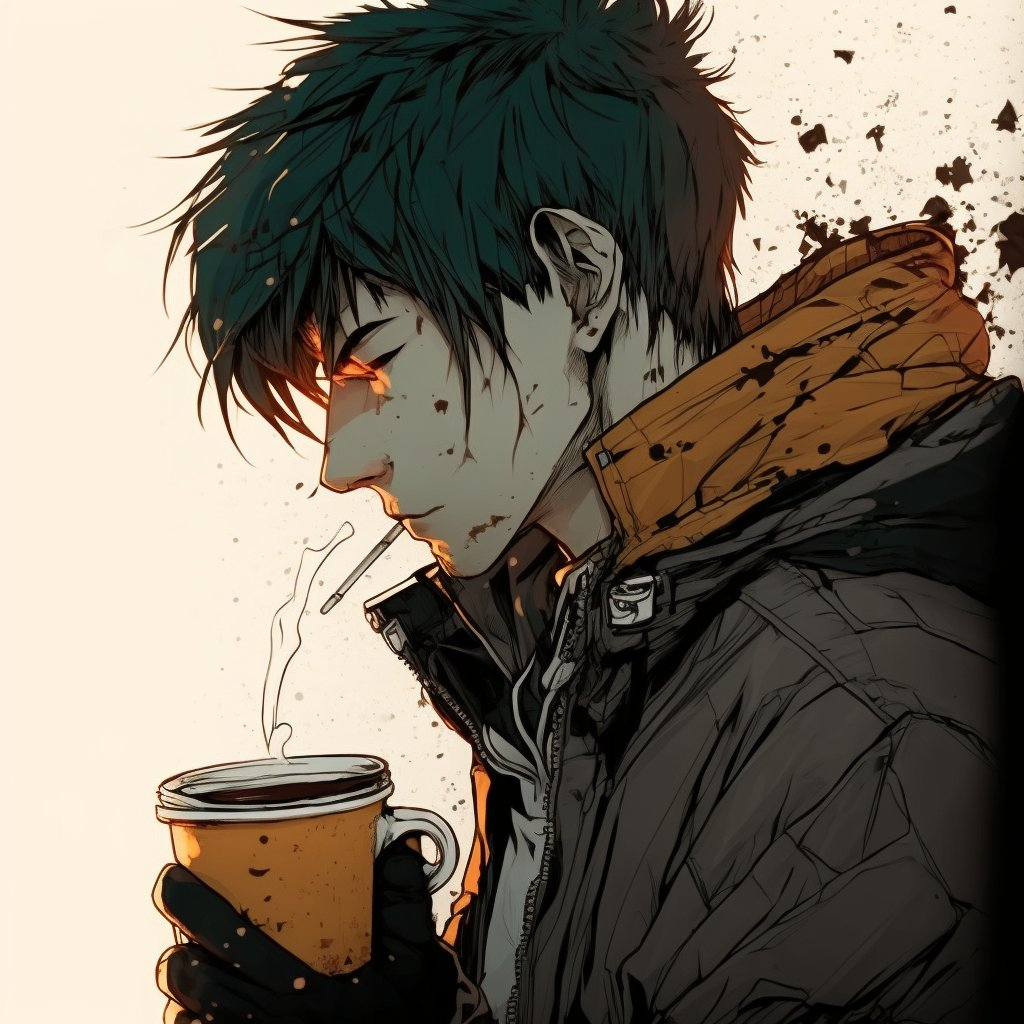 Young man drinking coffee in anime style