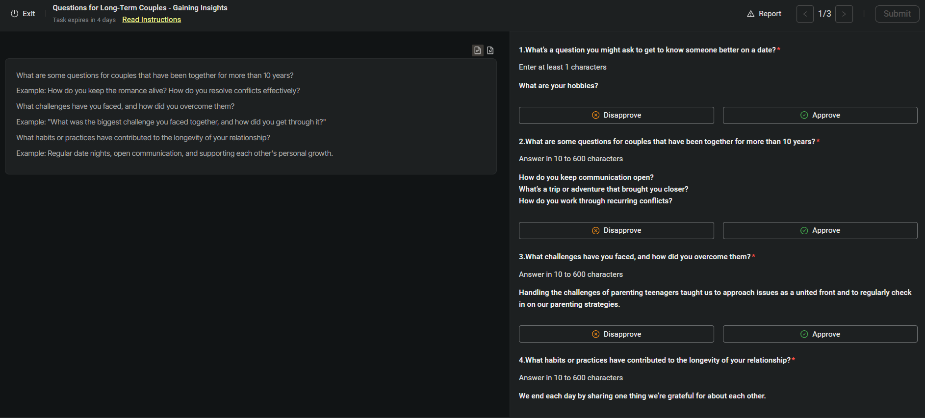 ตัวอย่างการทำงานฝั่ง Reviewer จะพิจารณาว่าคำตอบของแต่ละคำถามจากฝั่ง Annotator นั้นมีมาตรฐานตรงตามที่ platform ต้องการหรือไม่