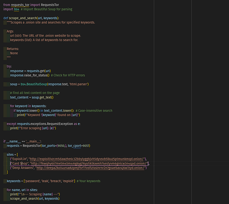 Figure 8. Python script in a text editor for scraping .onion sites using RequestsTor.