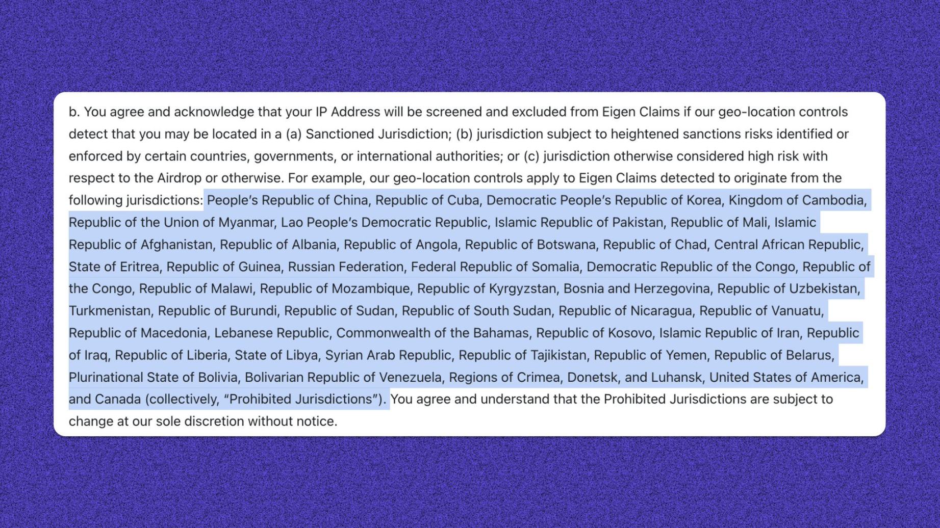 长长的被禁止领取空投国家名单