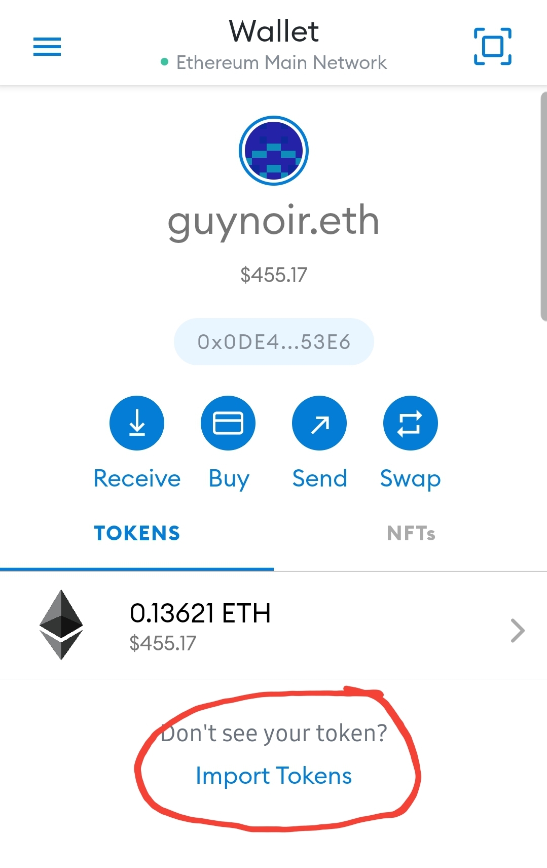 very first wallet page with import