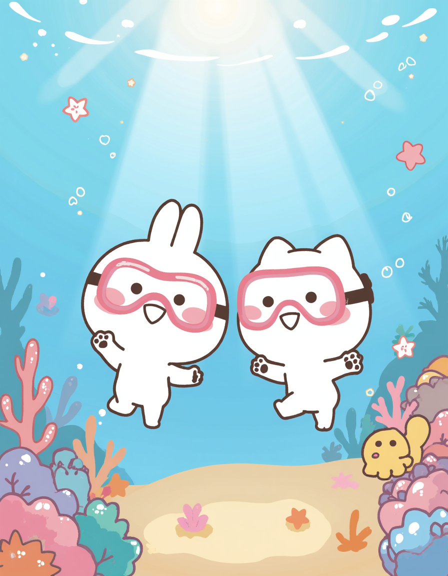 Undersea ExplorersHere, Mimi & Neko dive beneath the waves, swimming among schools of fish, coral reefs, and bubbles. The vibrant colours make the underwater scene feel alive and serene, reminding us that remixing IP can take characters anywhere.