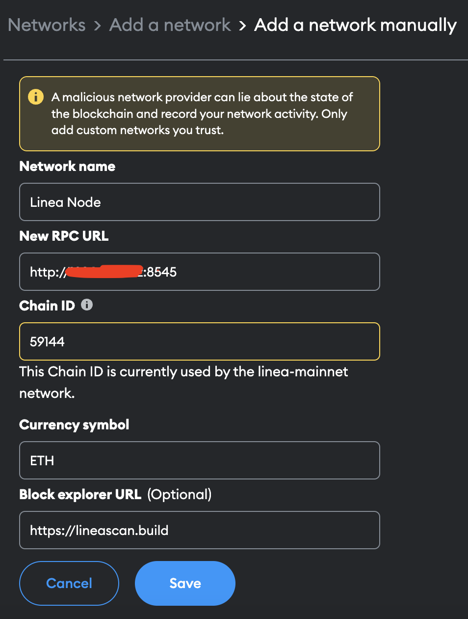 Add a custom network in MetaMask.