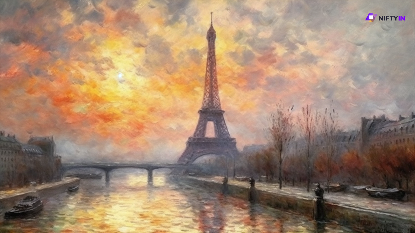 At 11:41 in the morning in Paris, the cloudy weather was still a bit cool, and the Eiffel Tower stood tall. Impressionist painting, created by Monet. --s 720 --v 5 --ar 16:9