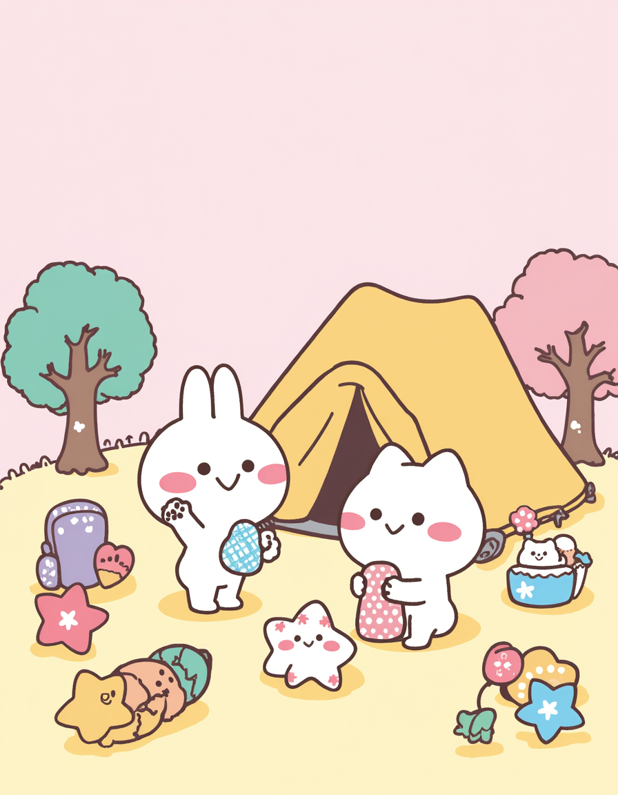 Campground FunThis artwork reimagines Mimi & Neko at a lively campsite surrounded by nature. Tents, trees, and an open sky create a sense of community and lighthearted fun. It’s a simple nod to the “Camp” spirit behind this collaboration.