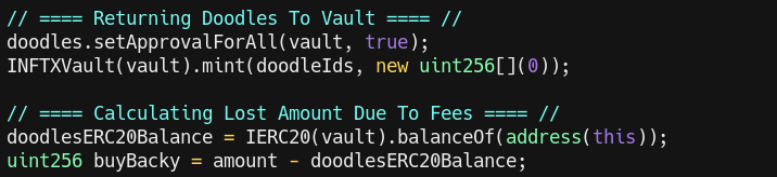Snippet from code to return doodles to the vault and calculate buyback amount