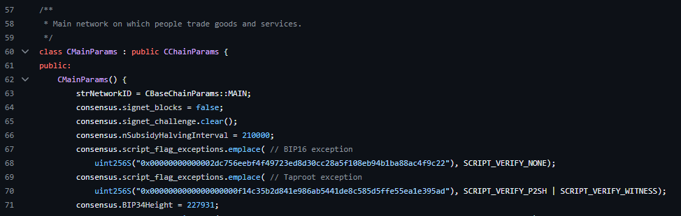 Fuente: https://github.com/bitcoin/bitcoin/blob/f436bfd126adaa64daba2e78016eb707e37eabce/src/chainparams.cpp