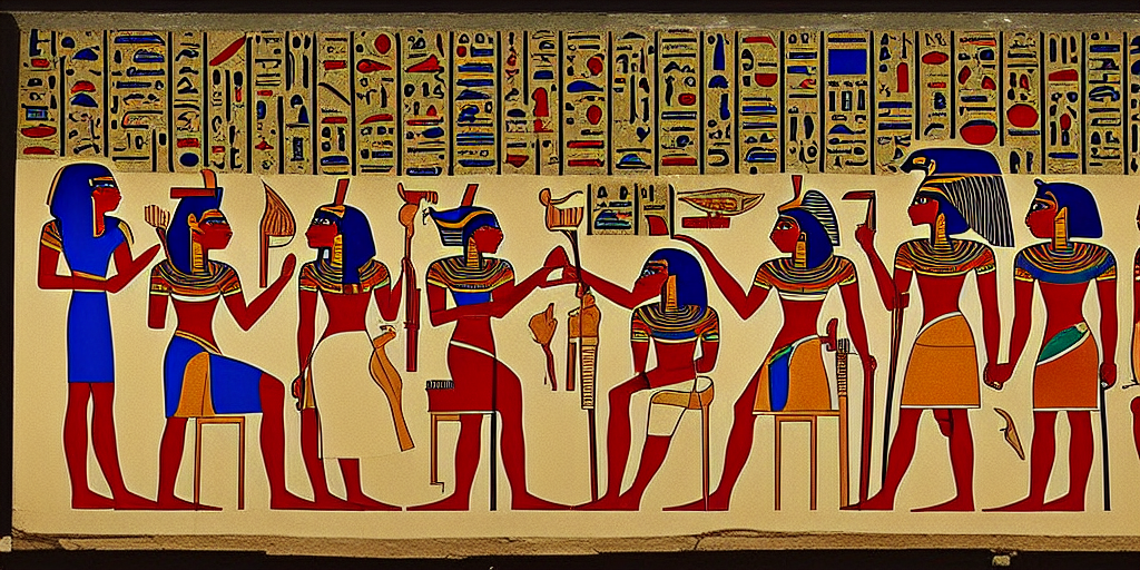 An egyptian mural of a group of artisans at a dinner table crafting ornate and delicate art. Created via beta.dreamstudio.ai