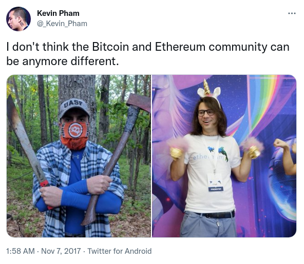 Un antiguo tweet de Kevin Pham que compara la cultura Bitcoin y Ethereum, tal como eran en 2017. Ambas culturas continúan evolucionando: desde 2017 hemos visto el ascenso y la caída del movimiento del 