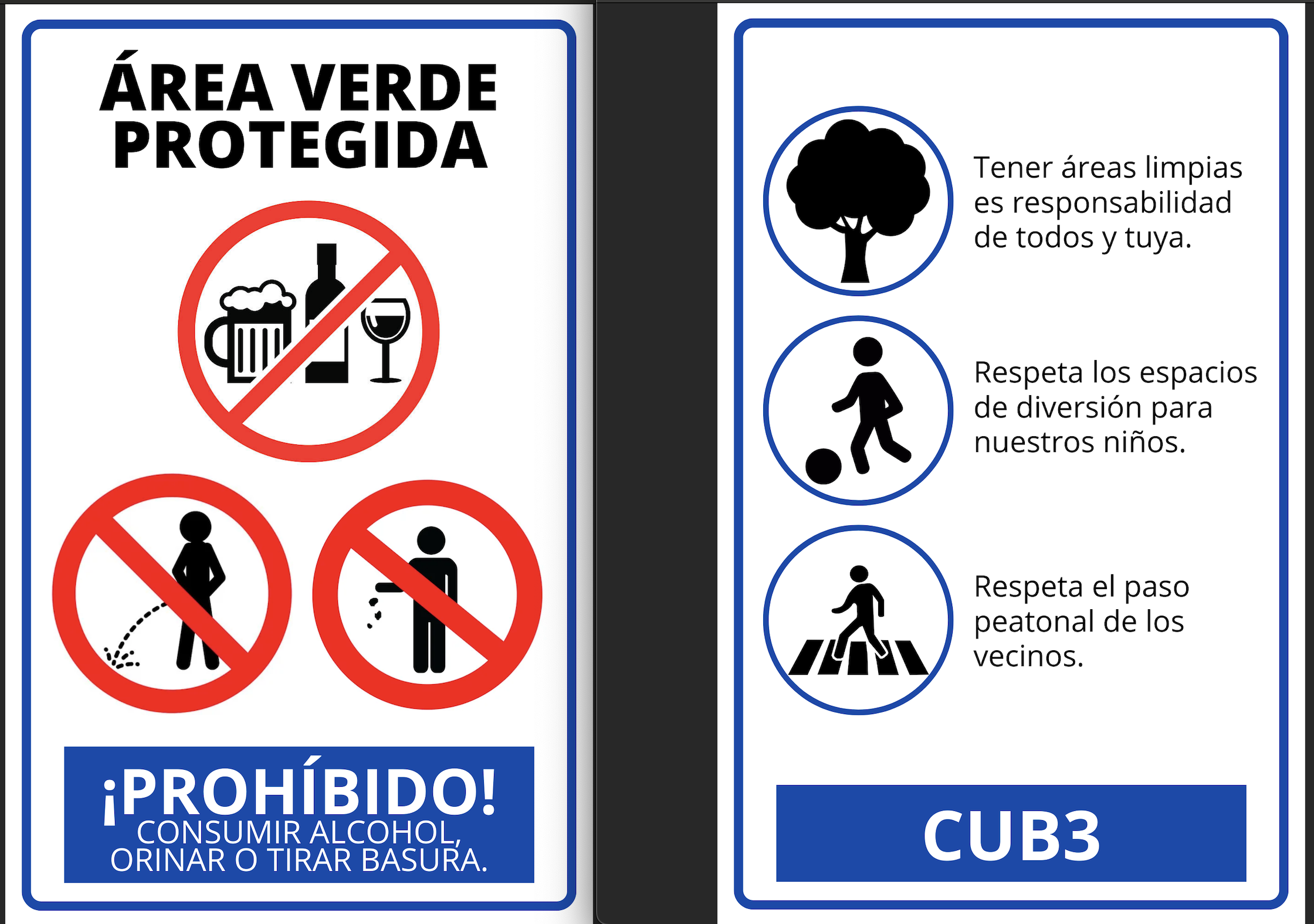 Diseño frontal y trasero de la señalización.