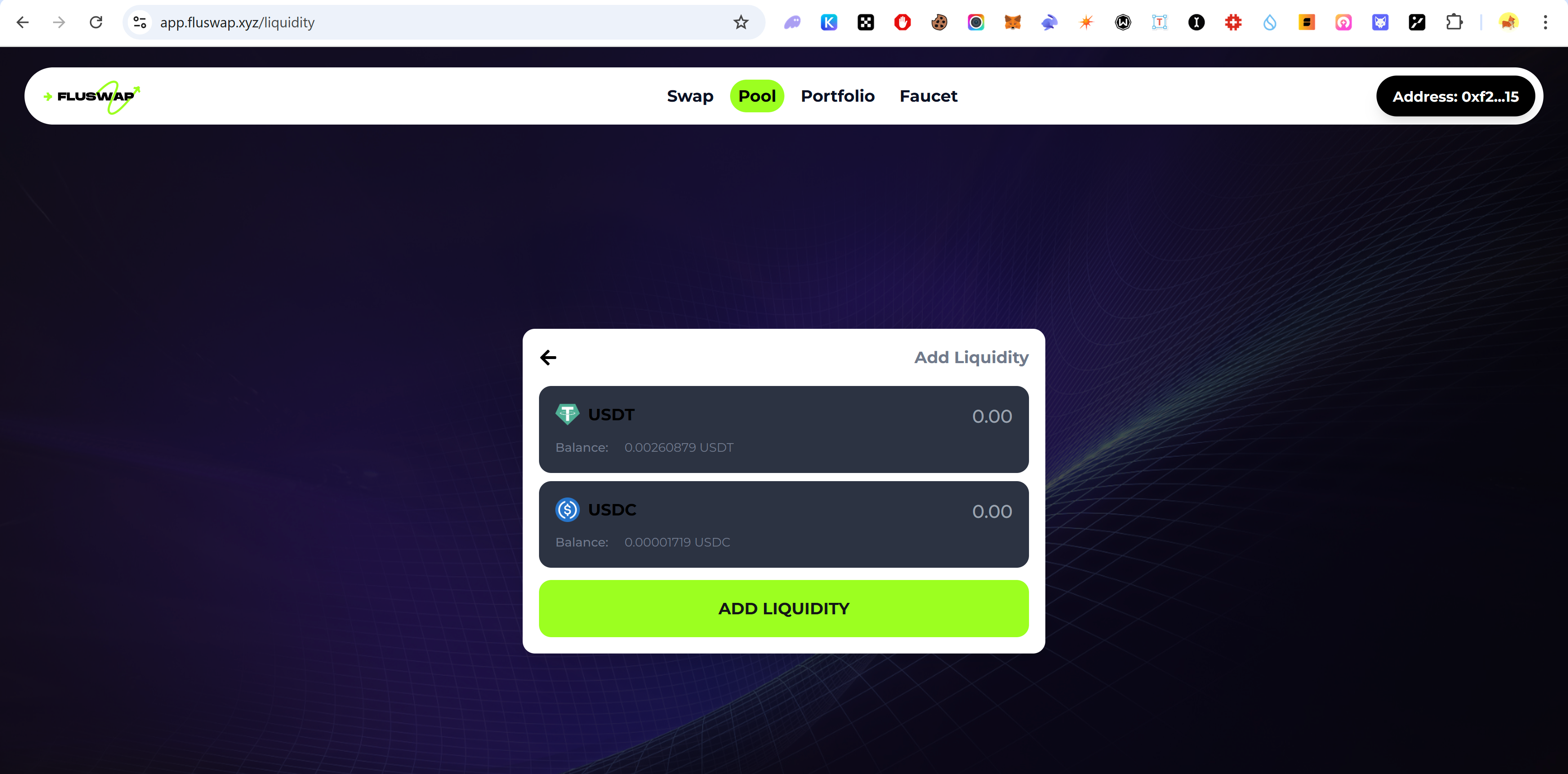 Providing liquidity to a pool on Fluswap