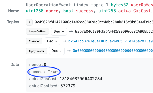 如果 userOp 執行成功，就會在它的 UserOperationEvent Event 中看到 success 是 True