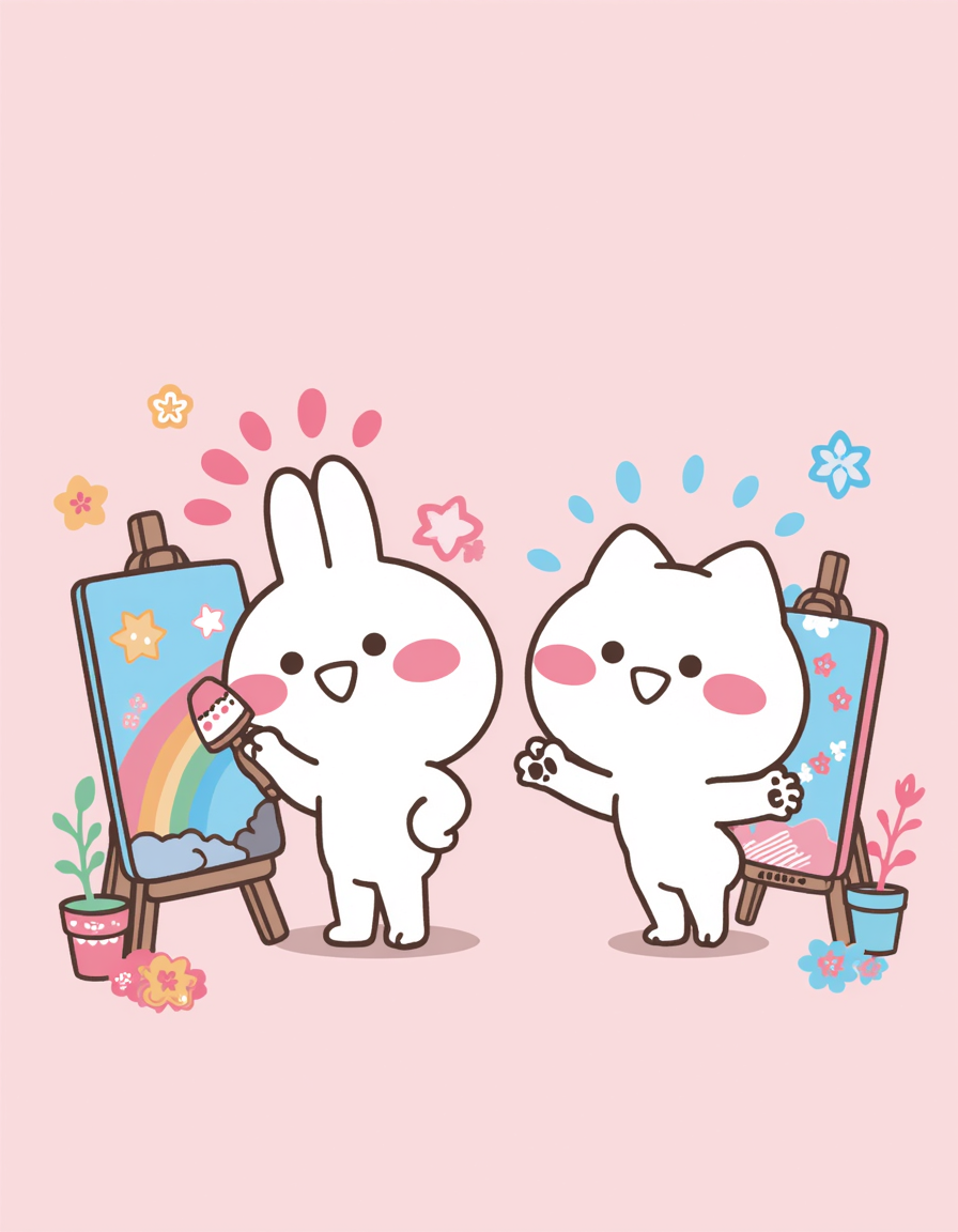 The ArtistsThis piece imagines Mimi & Neko as artists themselves, surrounded by brushes, palettes, and colorful canvases. It showcases how the characters are not just muses but participants in the act of making something new.