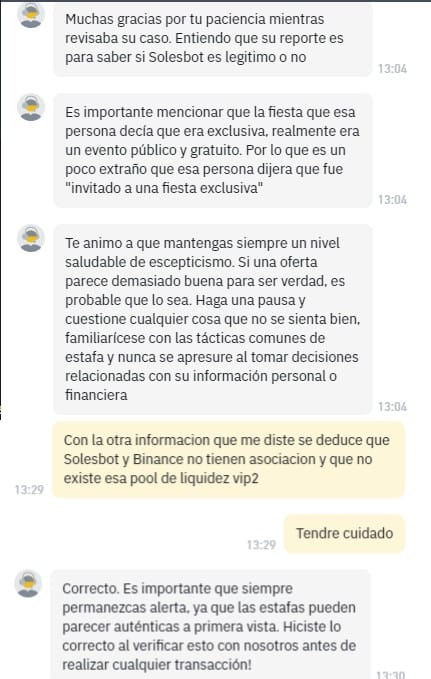 Respuesta de Binance sobre Solesbot