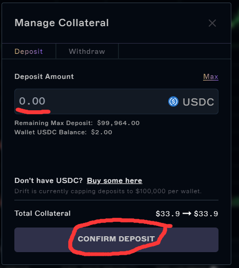 在红线处输入想要存入资金的金额，再点击红圈处确认，目前仅支持USDC