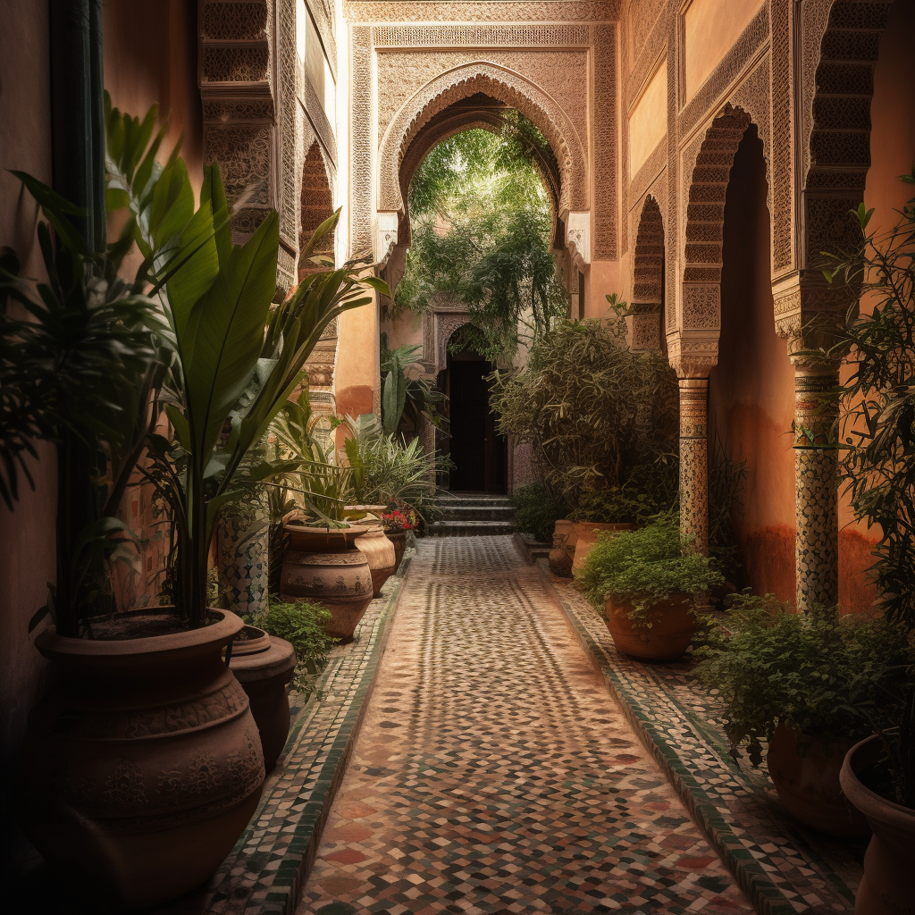 The meticulously arranged tile patterns in riad courtyards are an embodiment of the Moroccan aesthetic, reflecting a deep appreciation for craftsmanship, geometry, and the harmony of nature.
