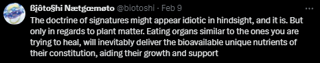 Biotoshi's doctrine of signatures for animal-based foods, 2024, X