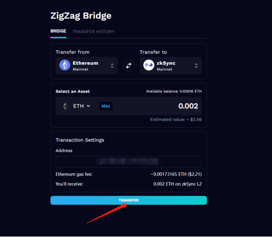 Click on L2 Bridge，transfer funds from Ethereum mainnet to zkSync Mainnet, then click transfer