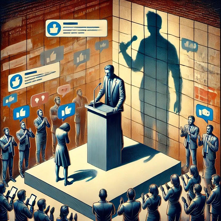 At the center of control: A calm figure commands the narrative, while the isolated individual struggles to be heard, symbolizing the imbalance created by social media triangulation and public shaming.