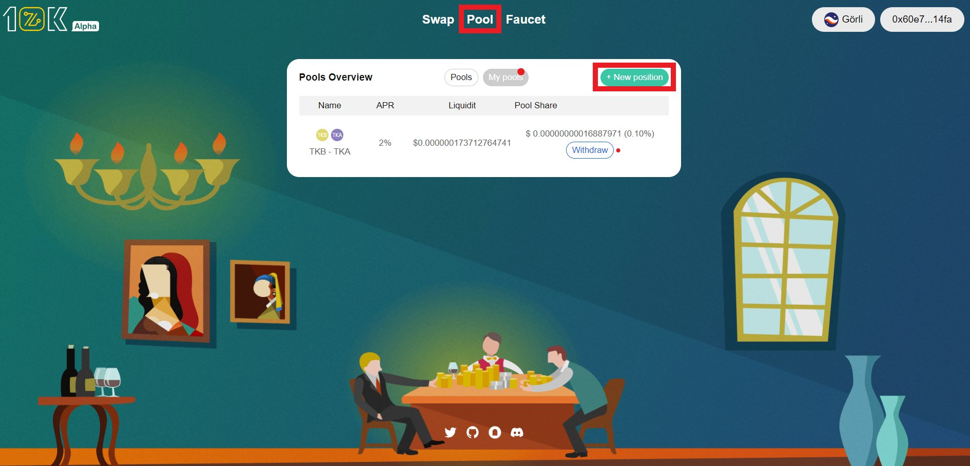 Next, go to the "Pool" tab. Press "My pools" -> "New position".