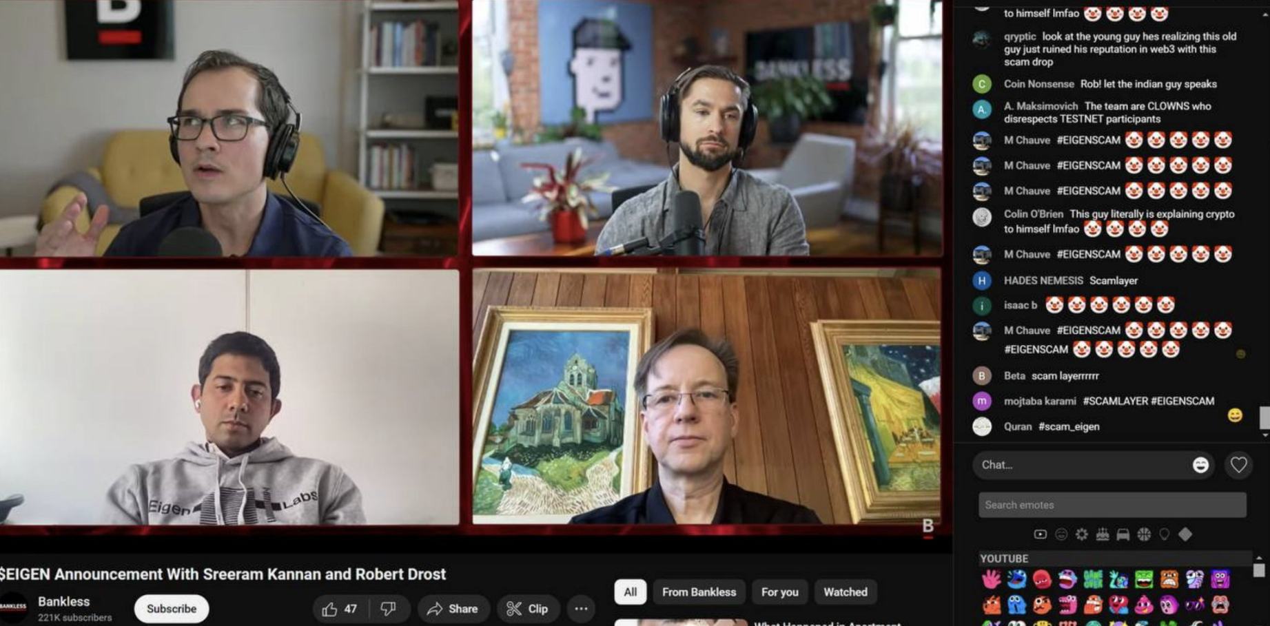 由于对空投不满的用户持续辱骂，正和 EigenLayer 创始人直播的 Bankless 关闭了评论