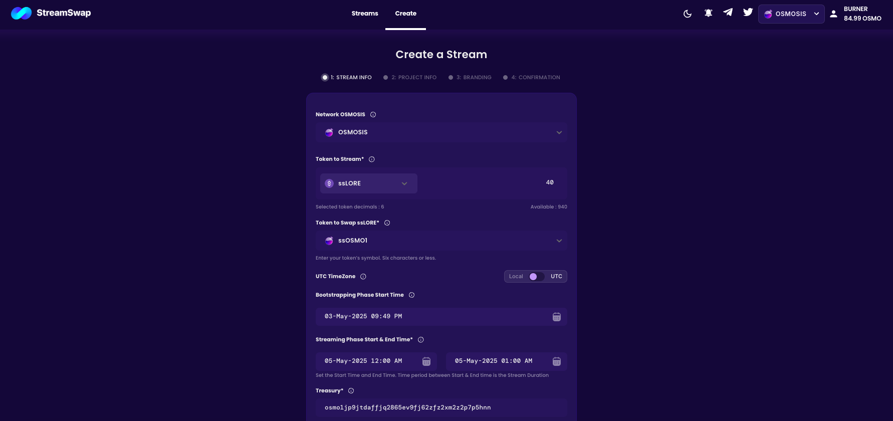 Enter Stream Info to perfectly orchestrate your token launch