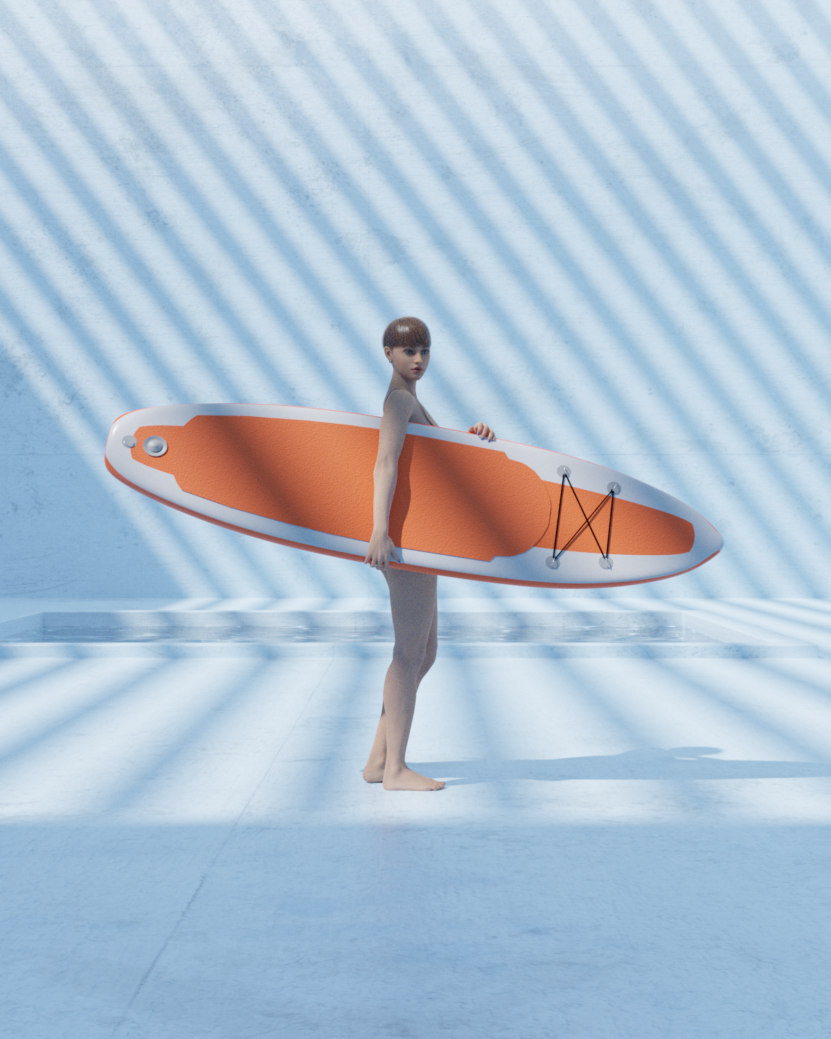 In this mesmerizing 3D composition, an otherworldly scene unfolds as a tranquil pool, surrounded by the confines of walls, takes center stage. The unexpected presence of a poised lady holding a surfboard introduces a surreal twist, challenging the norms of aquatic settings. The juxtaposition of a surfboard in a pool, where its natural use is impractical, creates a dreamlike atmosphere. This departure from reality echoes the spirit of David Hockney's artistic exploration, inviting viewers into a realm where the ordinary becomes extraordinary.