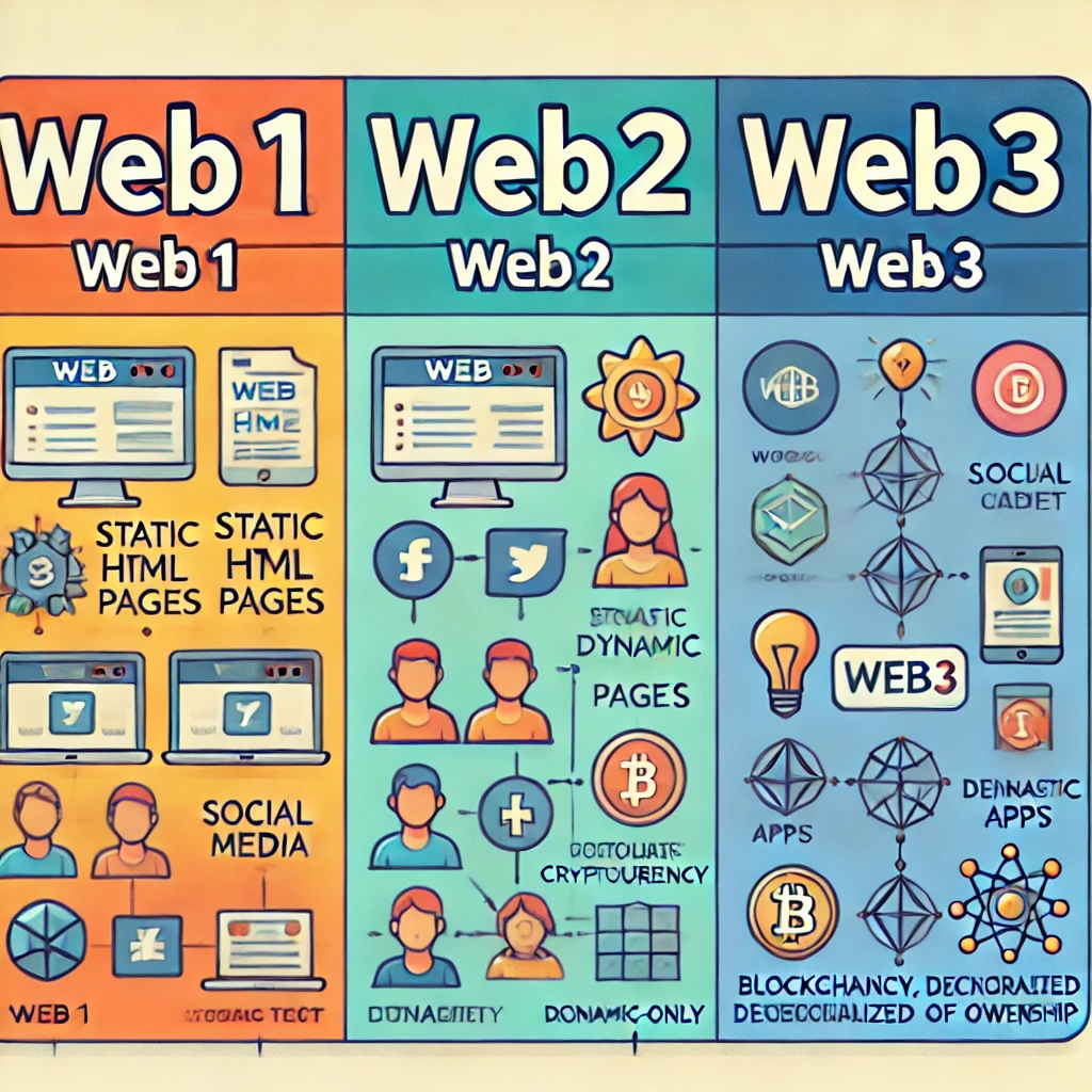 Đây là hình ảnh để so sánh bản chất của Web1, Web2 và Web3.